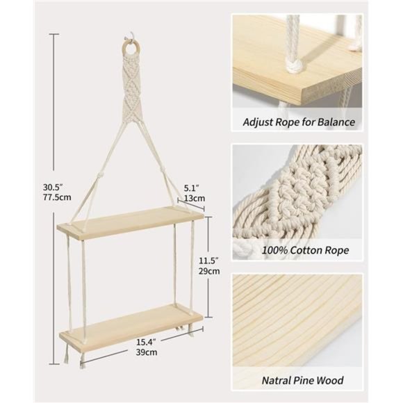 Macrame Hanging Shelves Wall Floating Shelf Natural Wood Chic Boho Decor 2 Tiers - Picture 6 of 6